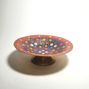 Vintage Brass Etched Enamel Painted Pedestal Bowl Art Decor Trinket Dish MCM